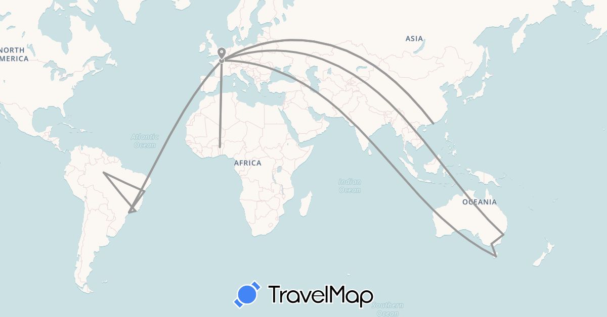 TravelMap itinerary: plane in Australia, Benin, Brazil, France, Hong Kong (Africa, Asia, Europe, Oceania, South America)